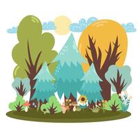 Forest scene with trees, forest fir trees, mushroom bushes and flowers on the lawn. Vector illustration in flat style