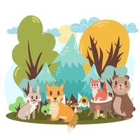 escena con kawaii vector bosque animales en el bosque - ardilla, conejito, oso y zorro. ilustración en plano dibujos animados estilo.