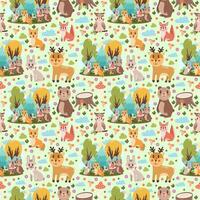 Cute seamless children's pattern with different forest animals on a green background. Children's design with smiling wild animals, vector illustration