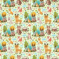 Cute seamless children's pattern with different forest animals on a green background. Children's design with smiling wild animals, vector illustration