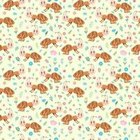 Seamless vector pattern with cute flowers and ants on a light background. Children's ornament