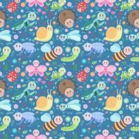 Cartoon seamless pattern with different insects on a blue background. Baby print vector design