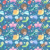 Cartoon seamless pattern with different insects on a blue background. Baby print vector design