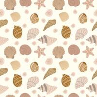 Seamless pattern with beige flat shells on a light background. Summer wallpaper or print vector