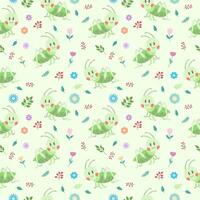 Cute childish pattern with grasshopper, flowers and leaves on a green background. Vector illustration