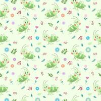 Cute childish pattern with grasshopper, flowers and leaves on a green background. Vector illustration