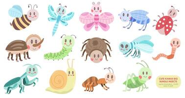 A large set with different insects - spider, mosquito, fly, bee, mantis, rhinoceros beetle, butterfly, ladybug, worm, snail and others. Vector