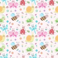 Seamless pattern with cute insects, flowers and leaves. Grasshopper, dragonfly, butterfly, ladybug, bee, snail. Vector