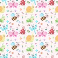 Seamless pattern with cute insects, flowers and leaves. Grasshopper, dragonfly, butterfly, ladybug, bee, snail. Vector