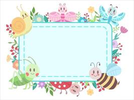 Square shaped frame blue with different cute insects on a white background. Flowers and branches leaf. Vector illustration