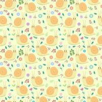 Seamless light yellow pattern with kawaii snails, flowers and berries. Flat vector design