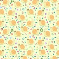 Seamless light yellow pattern with kawaii snails, flowers and berries. Flat vector design