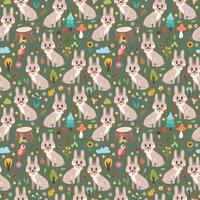 Seamless pattern with bunnies among forest elements on a colored background, editable. Vector design