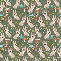 Seamless pattern with bunnies among forest elements on a colored background, editable. Vector design