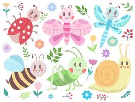 conjunto con linda kawaii insectos, flores y leña menuda con hojas - mariquita, saltamontes, abeja, caracol, mariposa, libélula. vector ilustración, fácil a editar