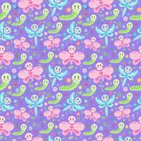 Seamless bright pattern with different kawaii insects - butterfly, caterpillar, dragonfly on a purple background. Vector flat