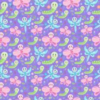 Seamless bright pattern with different kawaii insects - butterfly, caterpillar, dragonfly on a purple background. Vector flat