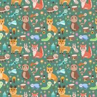 Seamless pattern with different wild forest animals and insects in the forest on a dark background. Children's vector illustration, editable