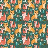 Seamless vector design with cute forest animals squirrel and fox on a green background. Forest illustration print.