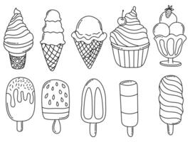 Doodle set with different ice creams. Linear vector style icon