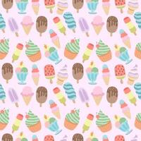 Seamless cute pattern with summer ice creams on a light pink background. Vector