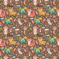 Seamless pattern with cute forest animals - squirrel, owl, bear, deer, hare on a brown background. Cute childish design for your projects vector