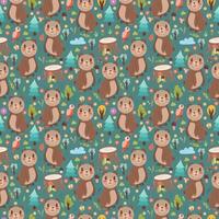 Seamless pattern with cute bears along with stump and mushrooms, leaves, trees and other forest elements. Vector illustration, background color can be changed