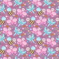 Seamless cute spring or summer print with different colorful insects. Cartoon children vector style