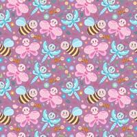 Seamless cute spring or summer print with different colorful insects. Cartoon children vector style