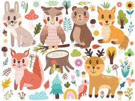 Vector set of forest animals - hare, owl, bear, fox, squirrel and deer. Cartoon cute character illustration