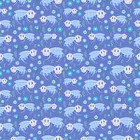 Seamless blue pattern with cute insect fly. Children's print, flat vector