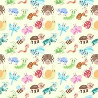 Seamless pattern with kawaii cute different insects on a light background. Vector illustration