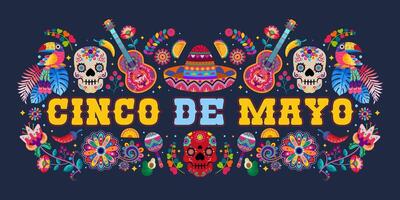 cinco de mayo banner with colorful Mexican flowers. Fiesta, holiday poster, party flyer, greeting card vector