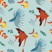 Vector seamless pattern with fish, corals, and seaweed. Background, wallpaper, textile or paper print