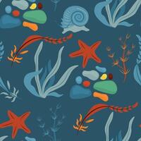 Vector seamless pattern with fish, corals, and seaweed. Background, wallpaper, textile or paper print