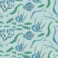 Vector seamless pattern with fish, corals, and seaweed. Background, wallpaper, textile or paper print