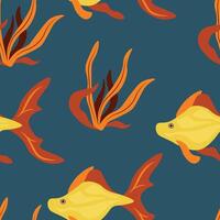 Vector seamless pattern with fish, corals, and seaweed. Background, wallpaper, textile or paper print