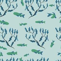 Vector seamless pattern with fish, corals, and seaweed. Background, wallpaper, textile or paper print