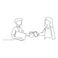 Continuous line drawing of a man receives payment via credit card from a woman. Concept for contactless payment technology single line draw vector illustration.