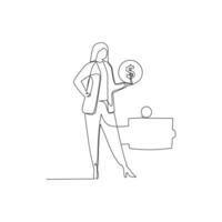 Young businesswoman hold a penny dollar and pieces of jigsaw puzzle. Business and finance design concept continuous line drawing. vector