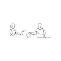 continuous line drawing of woman cashier hold payment terminal pos serve man customer who pay with credit card. Digital payment concept in business and finance theme design. vector