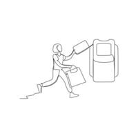 A woman runs with a shopping basket to pay using a credit card on a payment device. Digital finance concept in business and finance.Continuous line drawing vector illustration