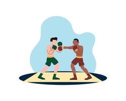 Two professional boxers fighting on ring. Strong fighters in shorts and gloves sparring on isolated white background cartoon vector