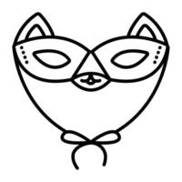 Festive cat masquerade eye mask with ties. Cute carnival black line icon vector