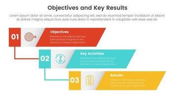 okr objectives and key results infographic 3 point stage template with vertical timeline skew rectangle concept for slide presentation vector