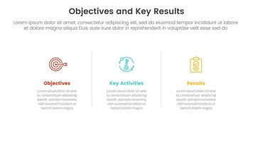 okr objectives and key results infographic 3 point stage template with horizontal clean information concept for slide presentation vector