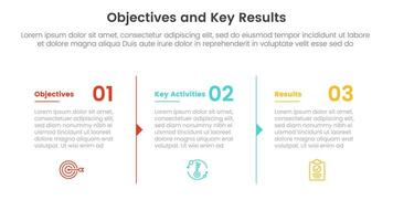 okr objectives and key results infographic 3 point stage template with column description arrow outline concept for slide presentation vector