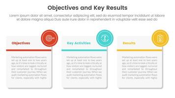 okr objectives and key results infographic 3 point stage template with big square box with small circle as badge concept for slide presentation vector