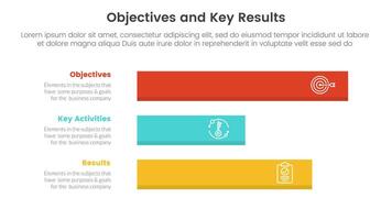 okr objectives and key results infographic 3 point stage template with horizontal long data box concept for slide presentation vector