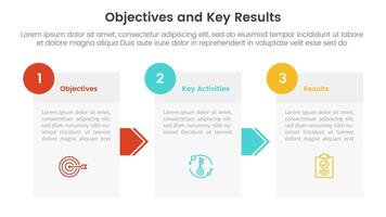 okr objectives and key results infographic 3 point stage template with box information and arrow concept for slide presentation vector